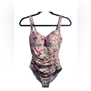 Nip Tuck Swim Floral Ruched One-Piece Swimsuit - Pink and Green Size 6 multicup